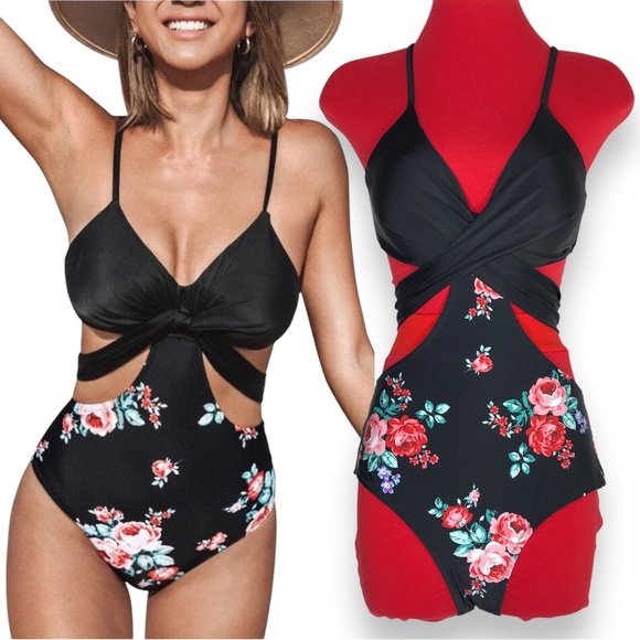 Cupshe Other - NWT CUPSHE Black Floral Wrap Cutout 1 Piece Bathing Suit Swimsuit Sz S Tie Back